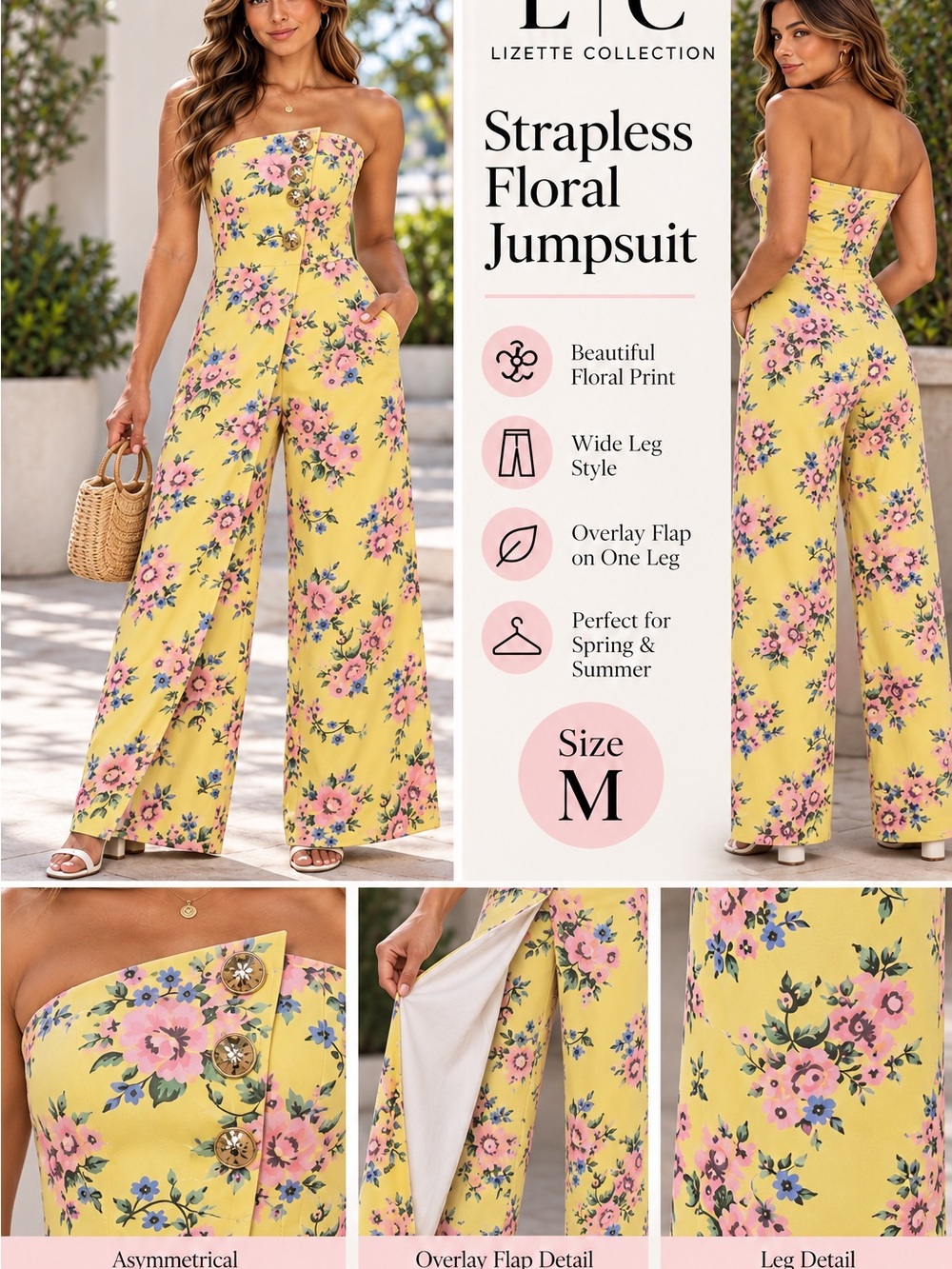 Lizette Collection Strapless Yellow Floral Jumpsuit